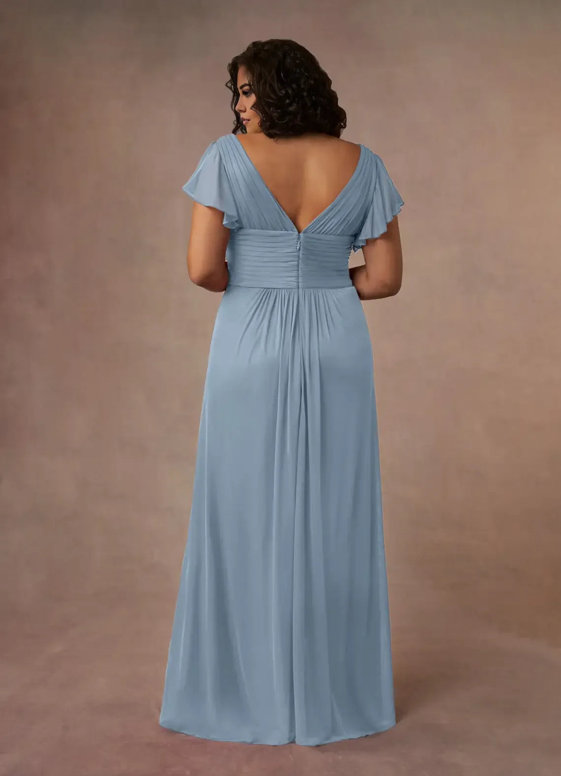 Robe Weitese simple bleu poussiéreux, robe trapèze plissée, longueur au sol, manches courtes, dos en V, col en V, volants, grande taille, robe mère de la mariée 