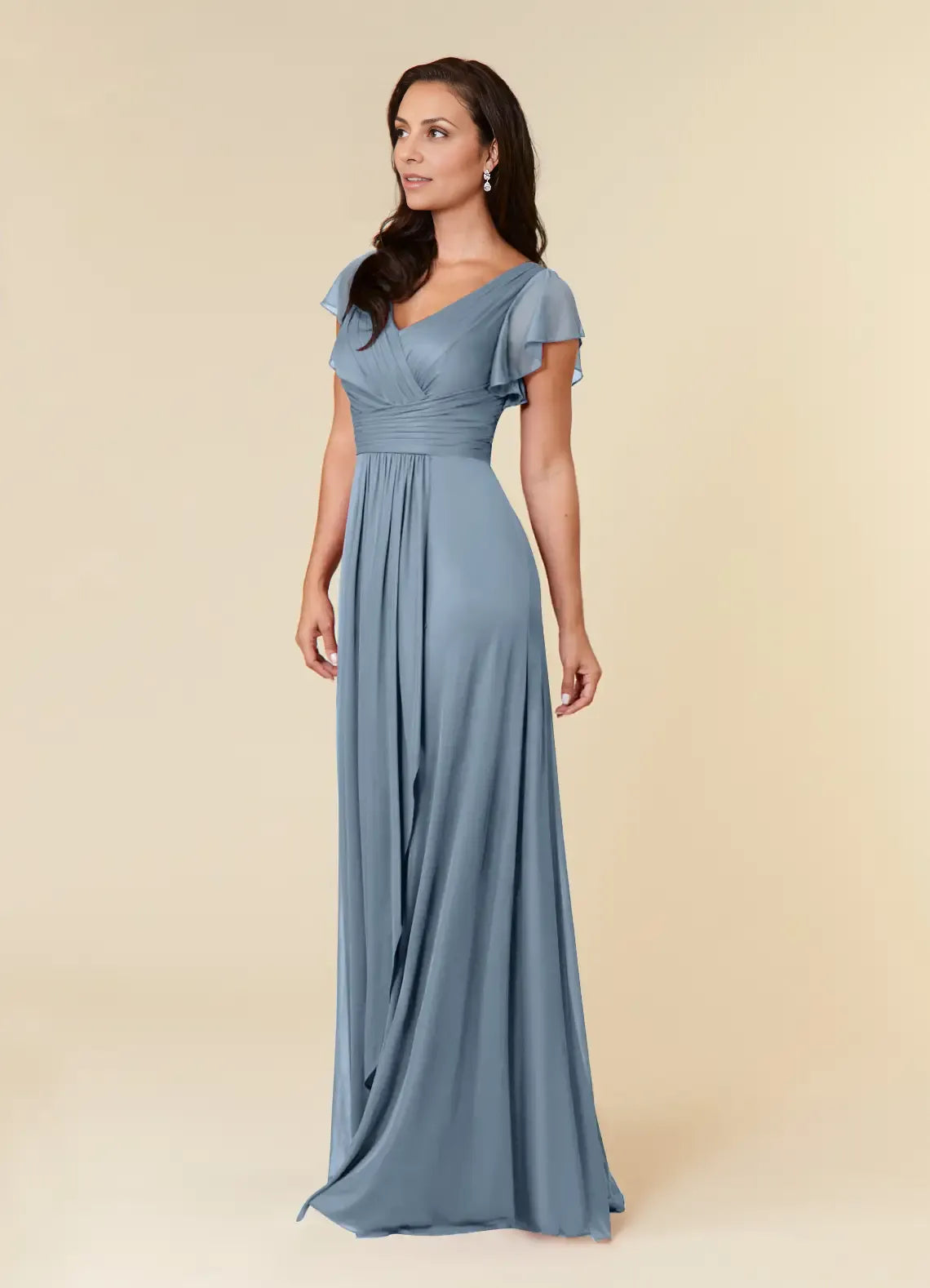 Weitese Dress Simple Dusty Blue A-Line Pleated Dress Floor-Length Short Sleeve V Back V-Neck Ruffles Mother of the Bride Dress