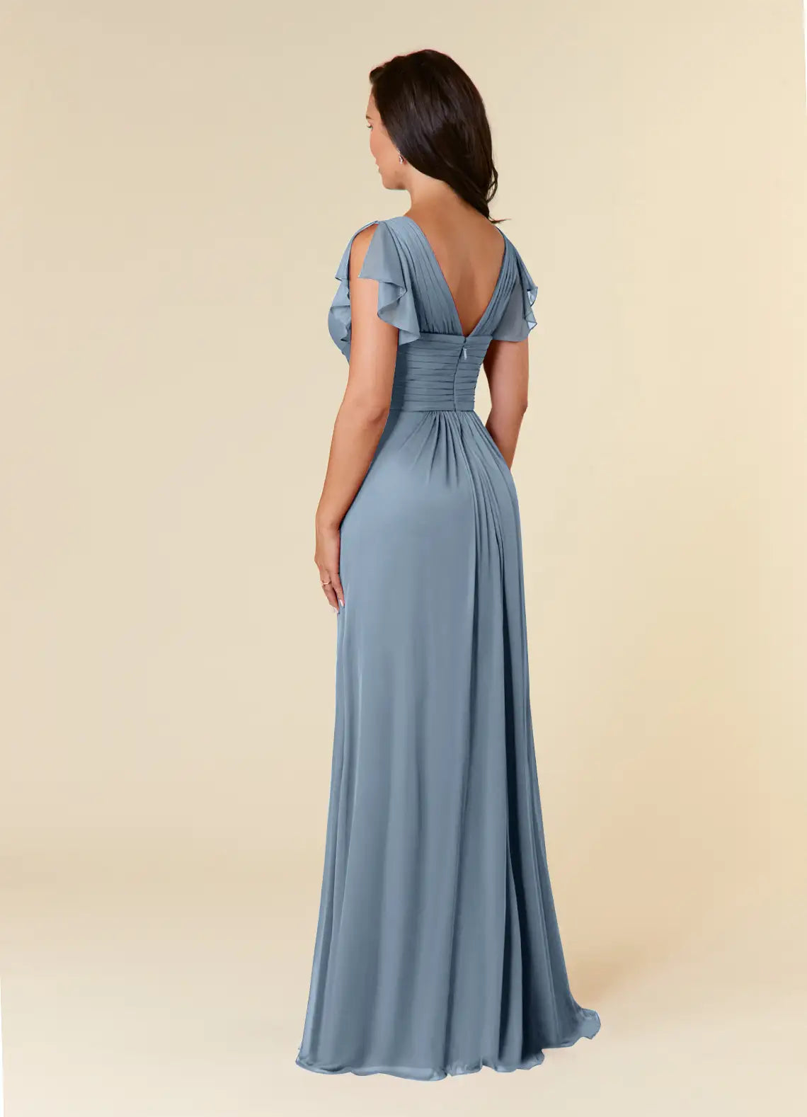 Weitese Dress Simple Dusty Blue A-Line Pleated Dress Floor-Length Short Sleeve V Back V-Neck Ruffles Mother of the Bride Dress