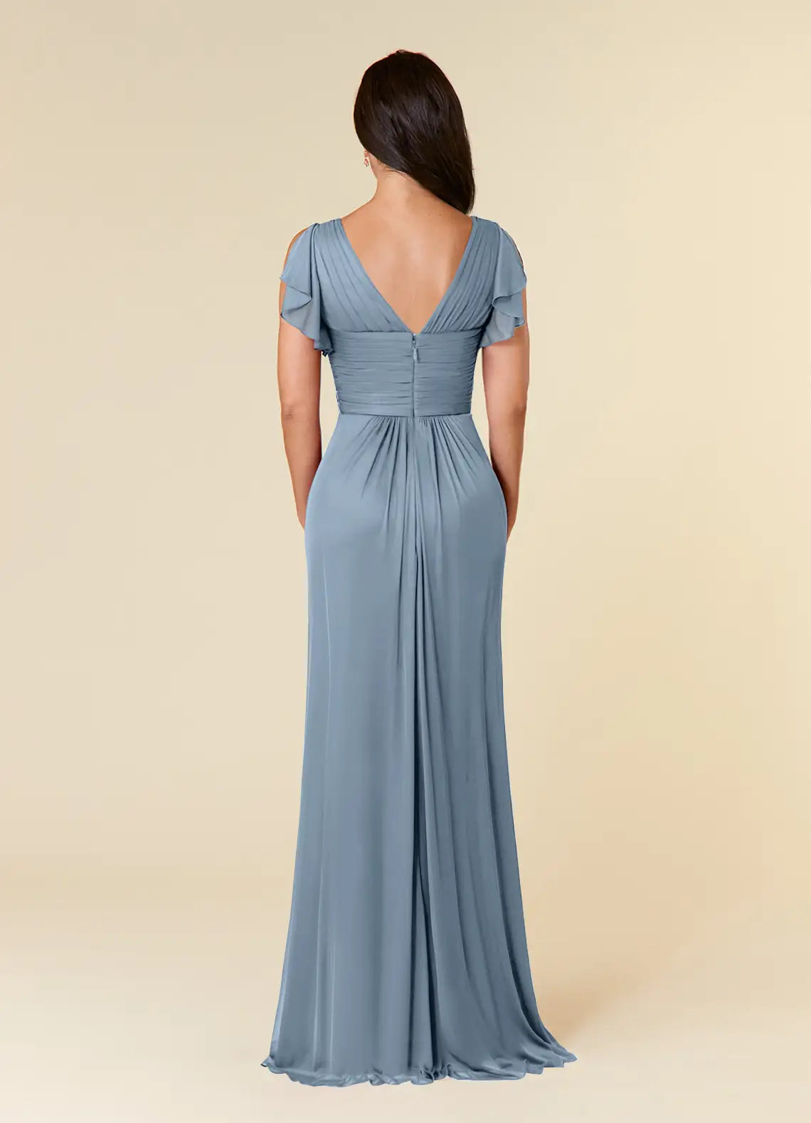 Weitese Dress Simple Dusty Blue A-Line Pleated Dress Floor-Length Short Sleeve V Back V-Neck Ruffles Mother of the Bride Dress