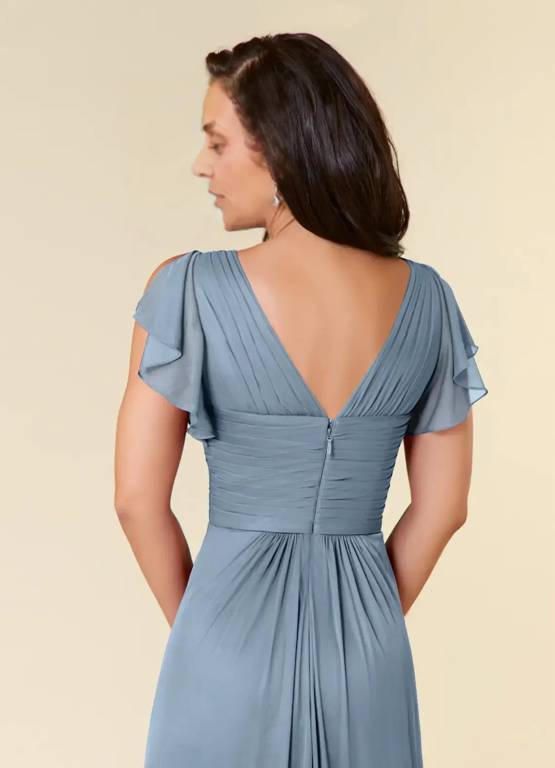 Weitese Dress Simple Dusty Blue A-Line Pleated Dress Floor-Length Short Sleeve V Back V-Neck Ruffles Mother of the Bride Dress