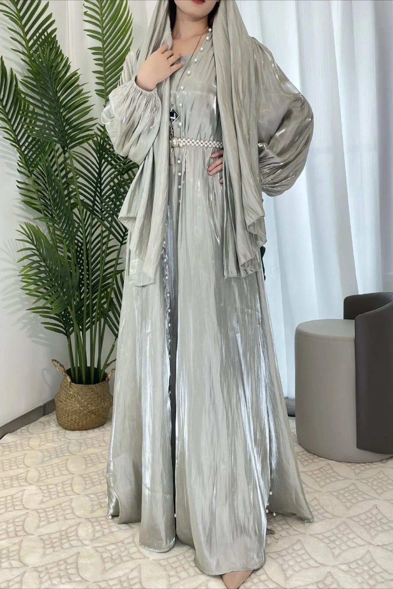 A-Line Round Neck Pearl Three-Piece Light Blue Floor-Length Prom Dress With Scarf