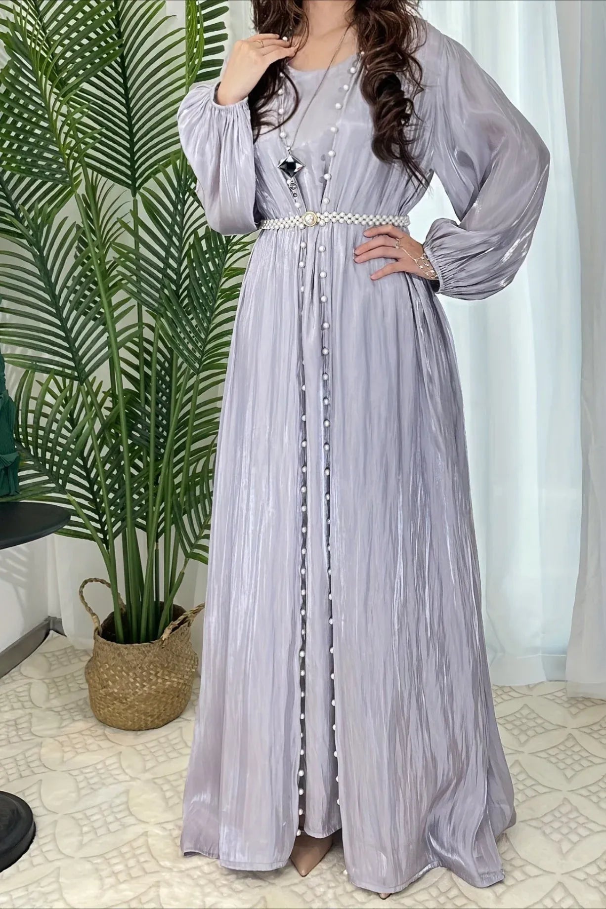 A-Line Round Neck Pearl Three-Piece Light Blue Floor-Length Prom Dress With Scarf