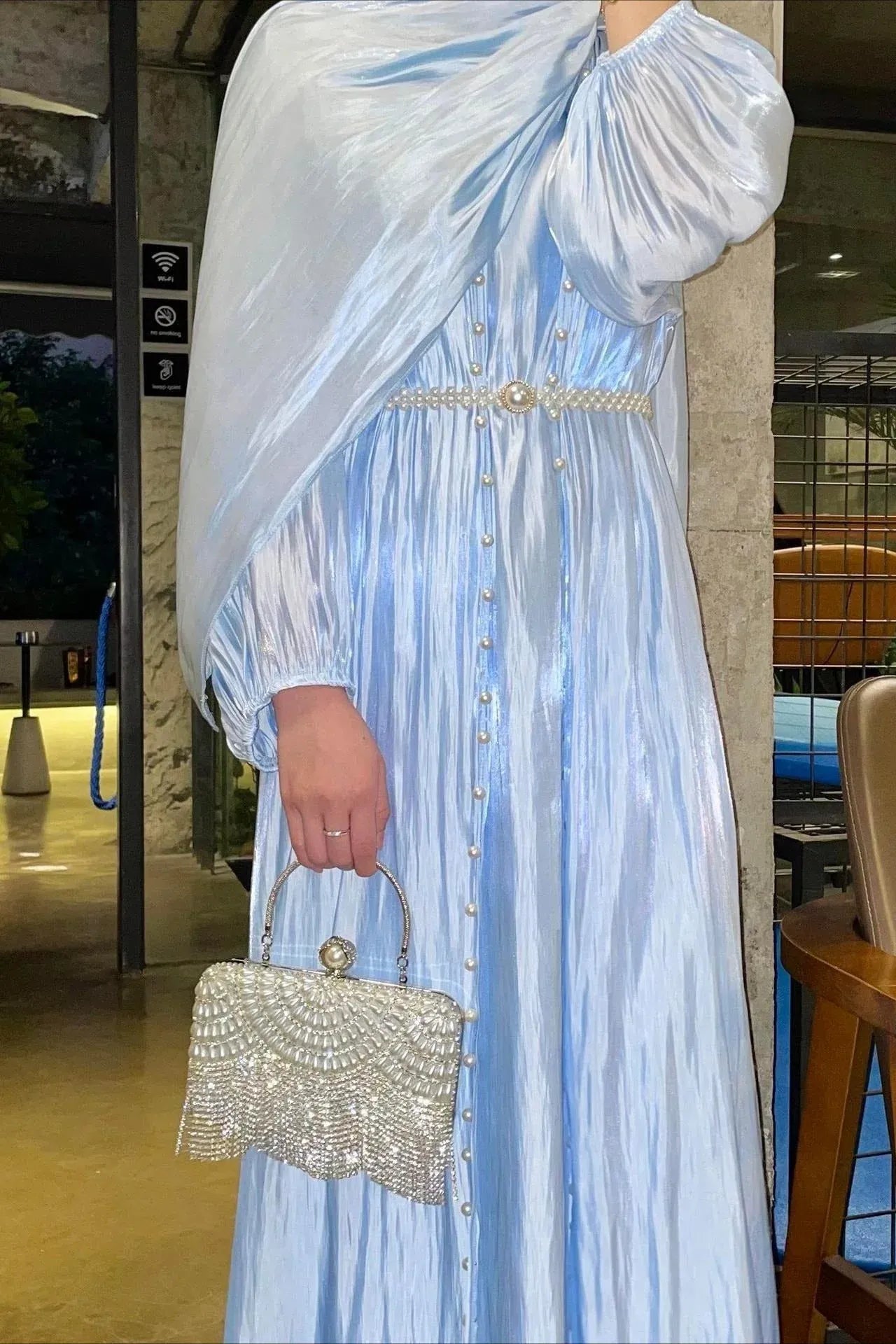 A-Line Round Neck Pearl Three-Piece Light Blue Floor-Length Prom Dress With Scarf