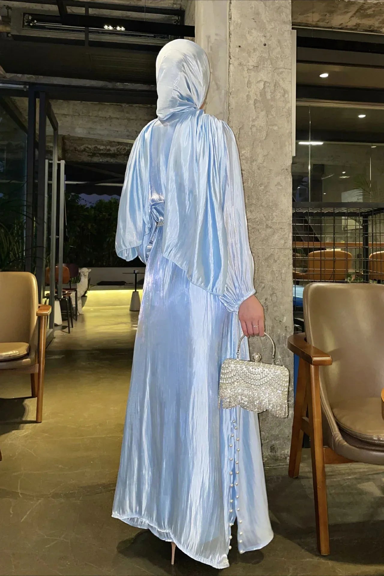 A-Line Round Neck Pearl Three-Piece Light Blue Floor-Length Prom Dress With Scarf