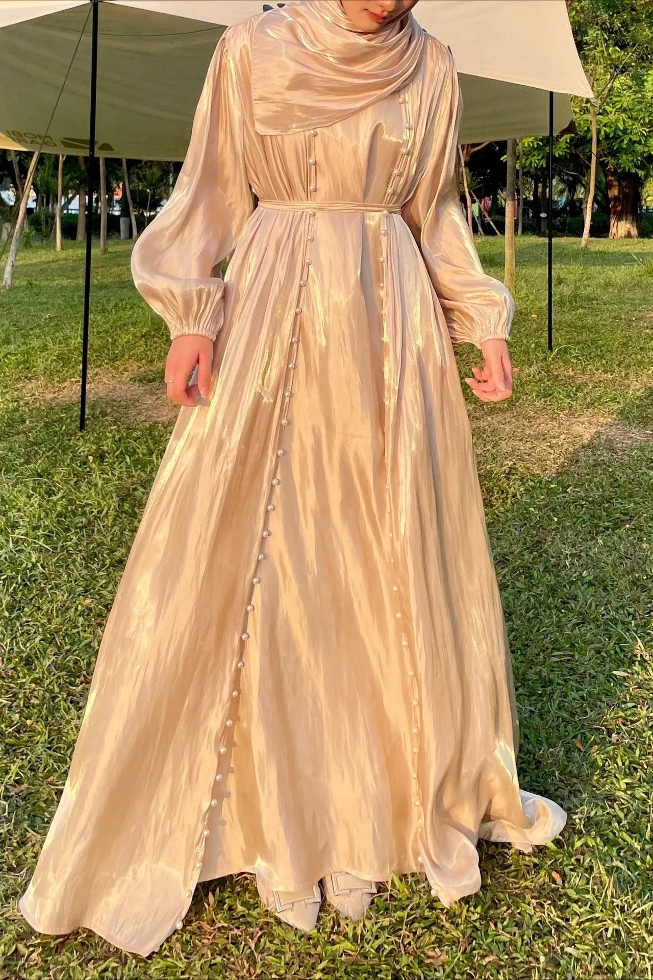 A-Line Round Neck Pearl Three-Piece Light Blue Floor-Length Prom Dress With Scarf