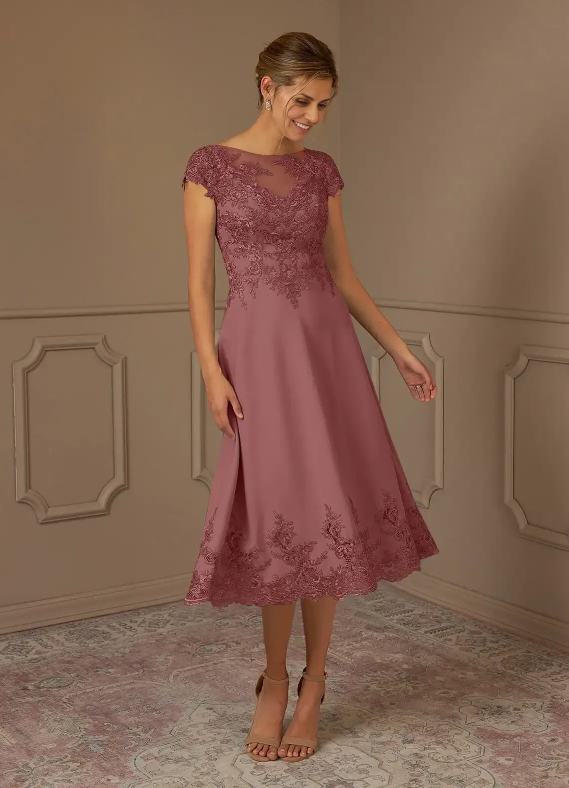 Weitese Dress Romantic Desert Rose A-Line Scoop Lace Dress Midi-Length Cap Sleeve Illusion Back V Back Mother of the Bride Dress
