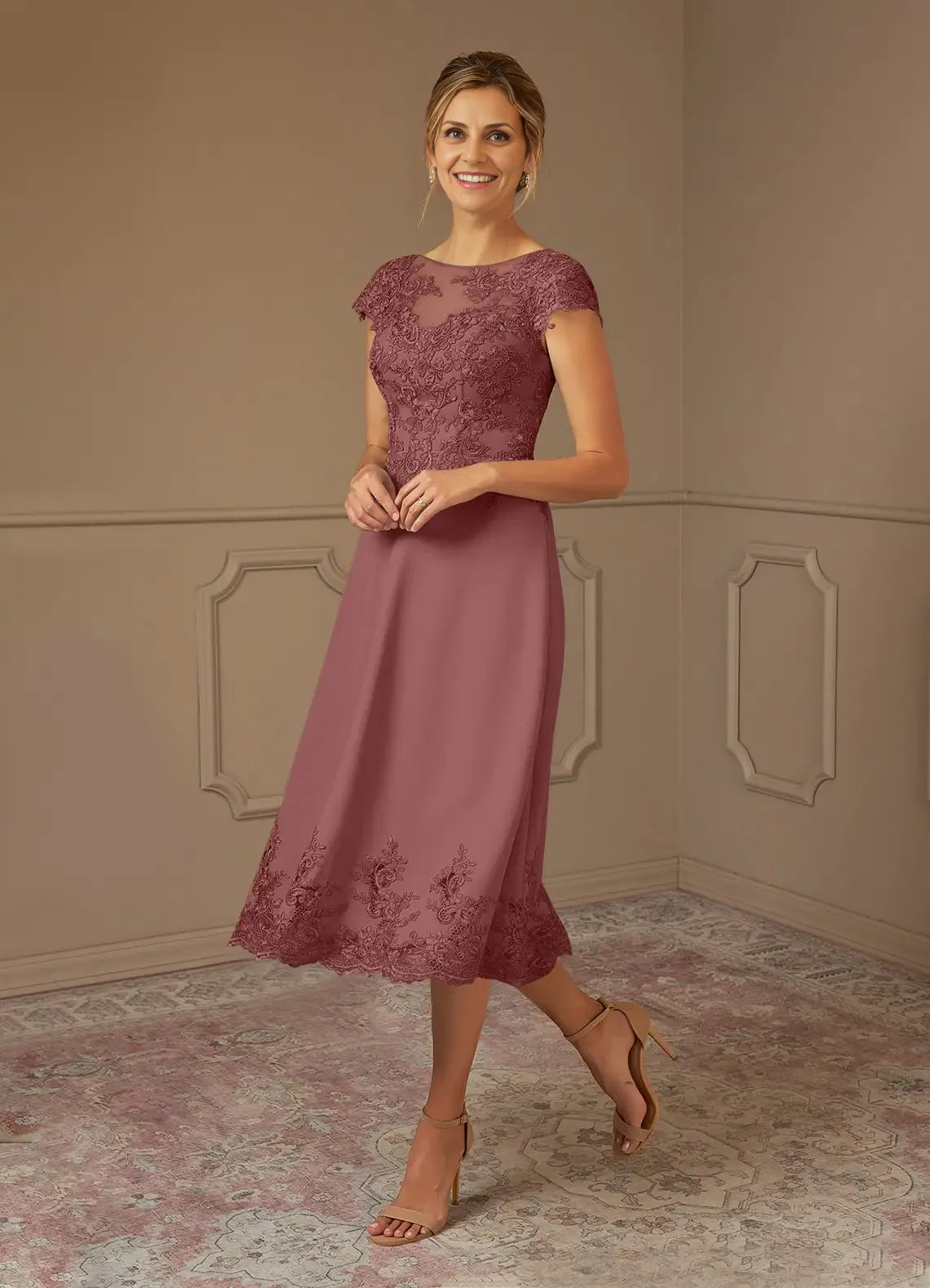 Weitese Dress Romantic Desert Rose A-Line Scoop Lace Dress Midi-Length Cap Sleeve Illusion Back V Back Mother of the Bride Dress