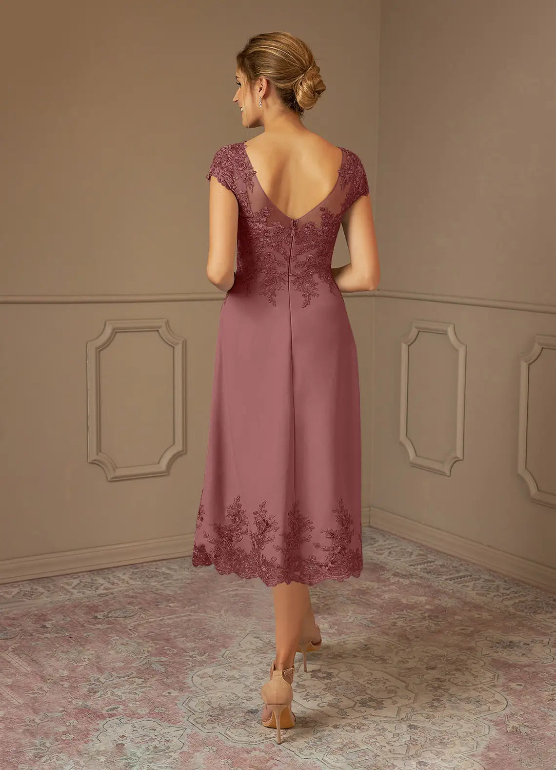 Weitese Dress Romantic Desert Rose A-Line Scoop Lace Dress Midi-Length Cap Sleeve Illusion Back V Back Mother of the Bride Dress