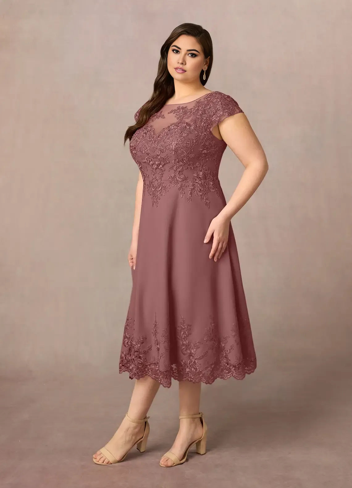 Robe Weitese romantique rose du désert, coupe trapèze, décolleté en V, en dentelle, longueur mi-longue, manches courtes, dos illusion, grande taille, pour mère de la mariée 