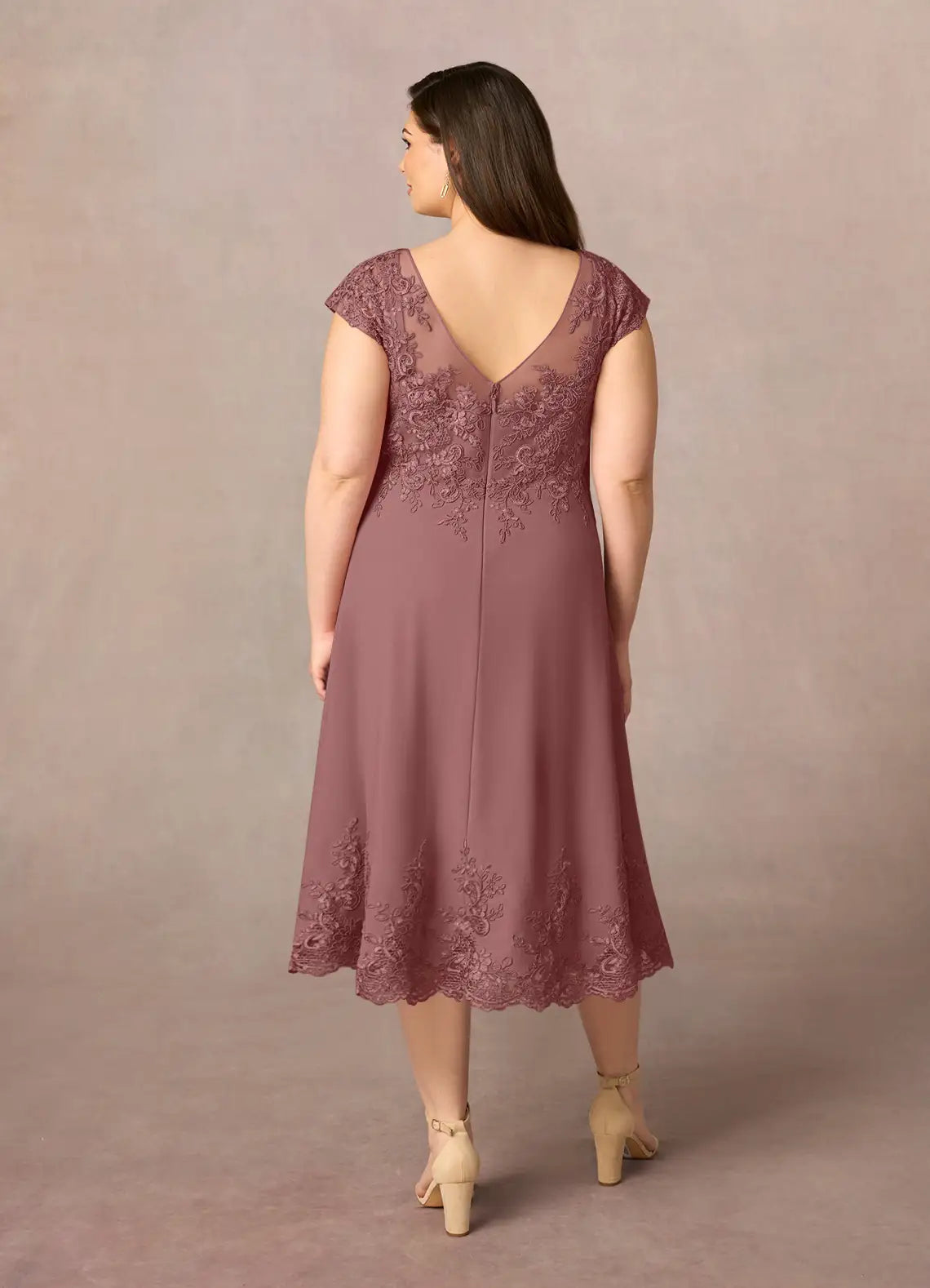 Robe Weitese romantique rose du désert, coupe trapèze, décolleté en V, en dentelle, longueur mi-longue, manches courtes, dos illusion, grande taille, pour mère de la mariée 