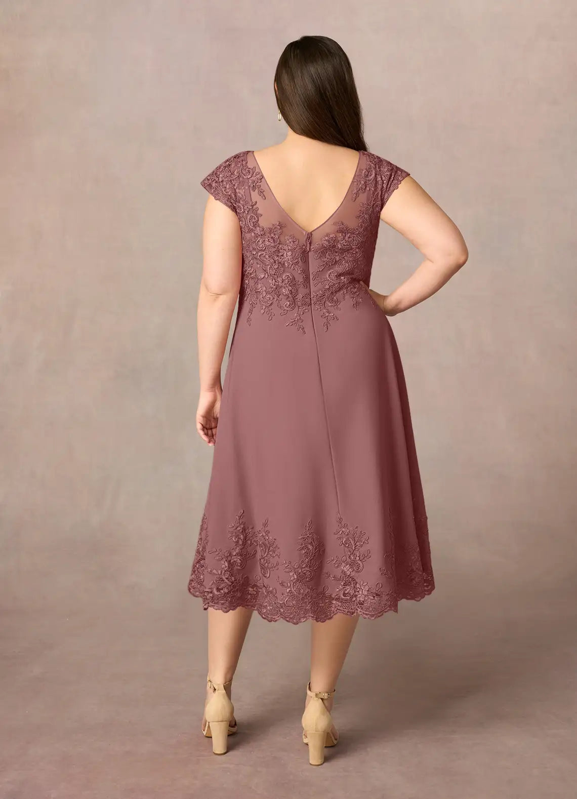 Robe Weitese romantique rose du désert, coupe trapèze, décolleté en V, en dentelle, longueur mi-longue, manches courtes, dos illusion, grande taille, pour mère de la mariée 