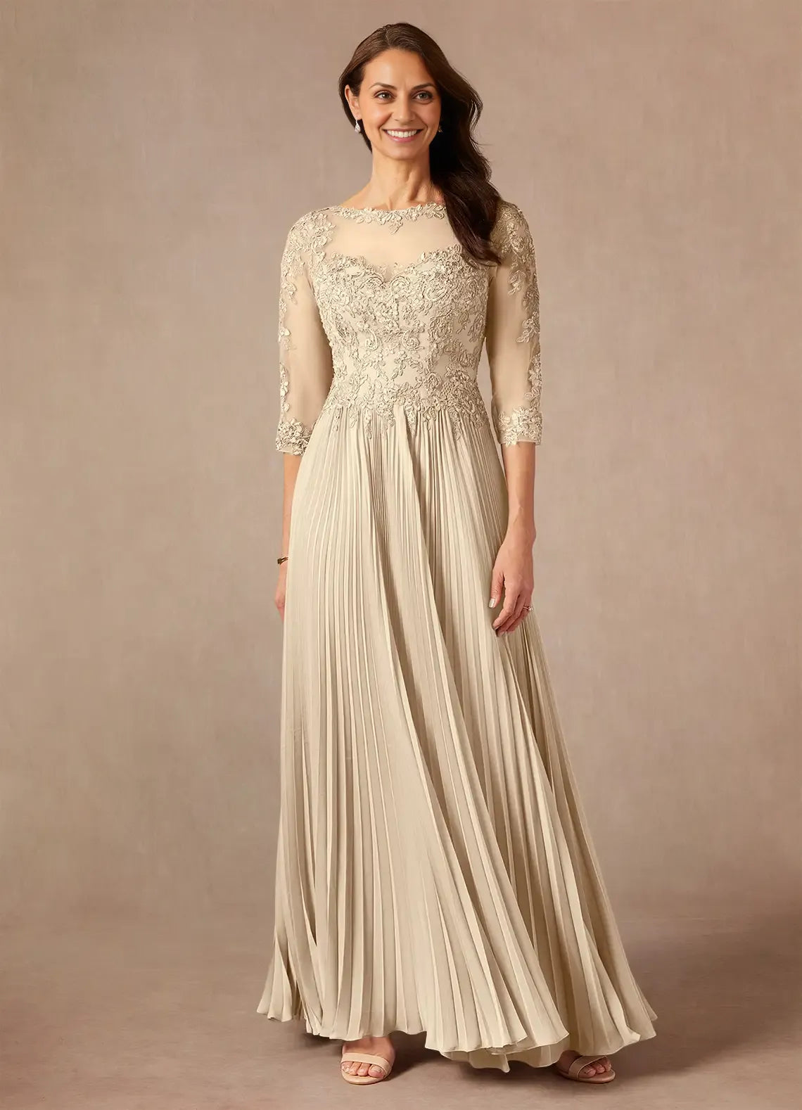 Champagne A-Line Applique Chiffon Floor-Length Dress Three-Quarter Sleeve Solid Color Modern V Back Scoop Neck Mother of the Bride Dress