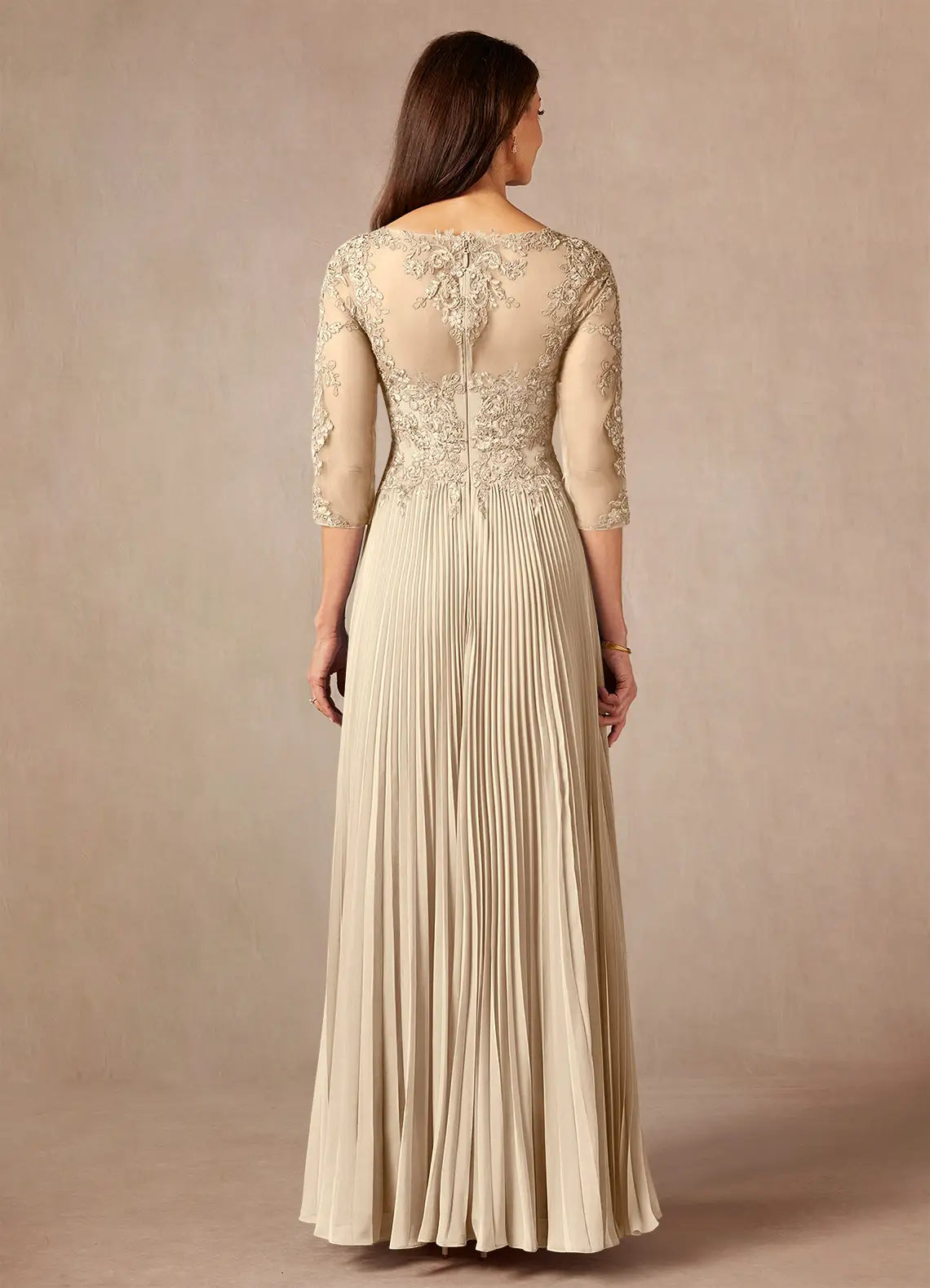 Champagne A-Line Applique Chiffon Floor-Length Dress Three-Quarter Sleeve Solid Color Modern V Back Scoop Neck Mother of the Bride Dress