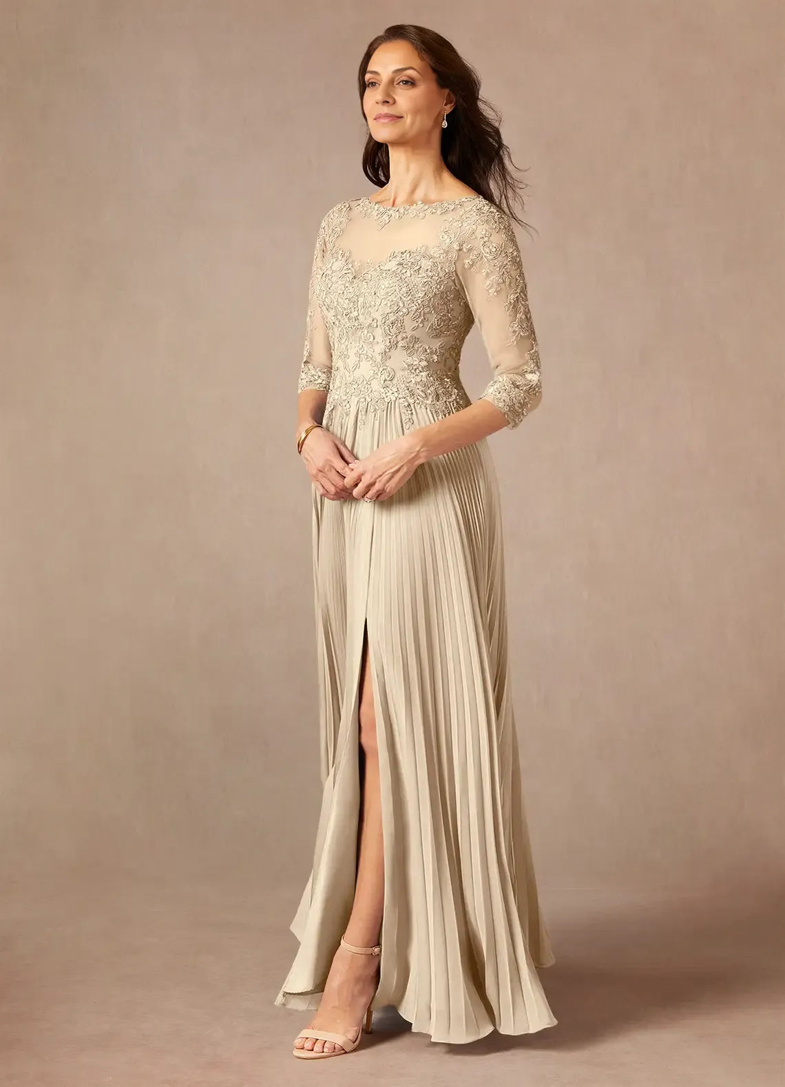 Champagne A-Line Applique Chiffon Floor-Length Dress Three-Quarter Sleeve Solid Color Modern V Back Scoop Neck Mother of the Bride Dress