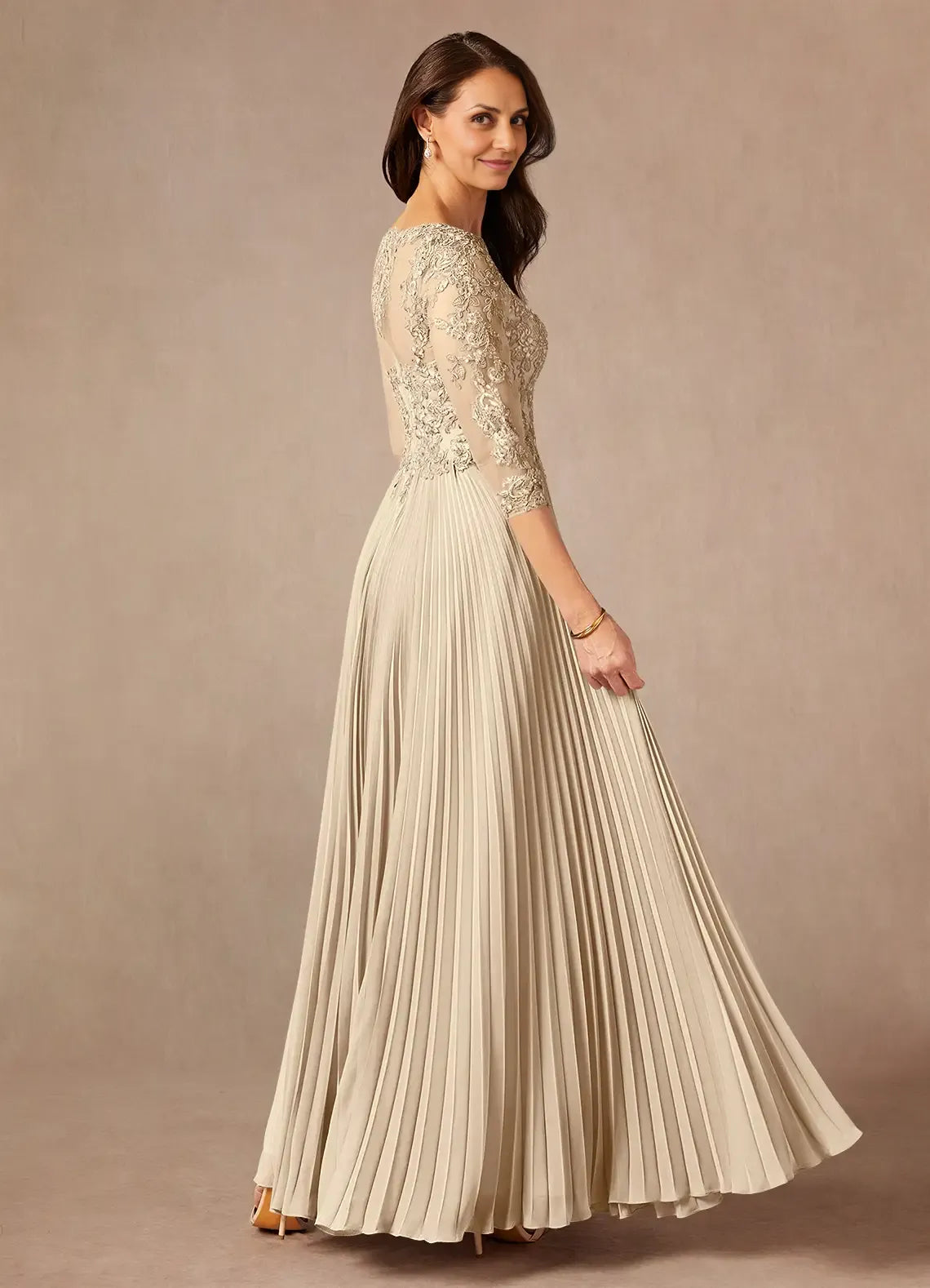 Champagne A-Line Applique Chiffon Floor-Length Dress Three-Quarter Sleeve Solid Color Modern V Back Scoop Neck Mother of the Bride Dress