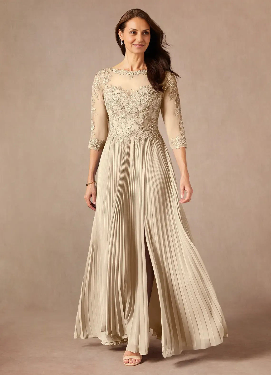 Champagne A-Line Applique Chiffon Floor-Length Dress Three-Quarter Sleeve Solid Color Modern V Back Scoop Neck Mother of the Bride Dress