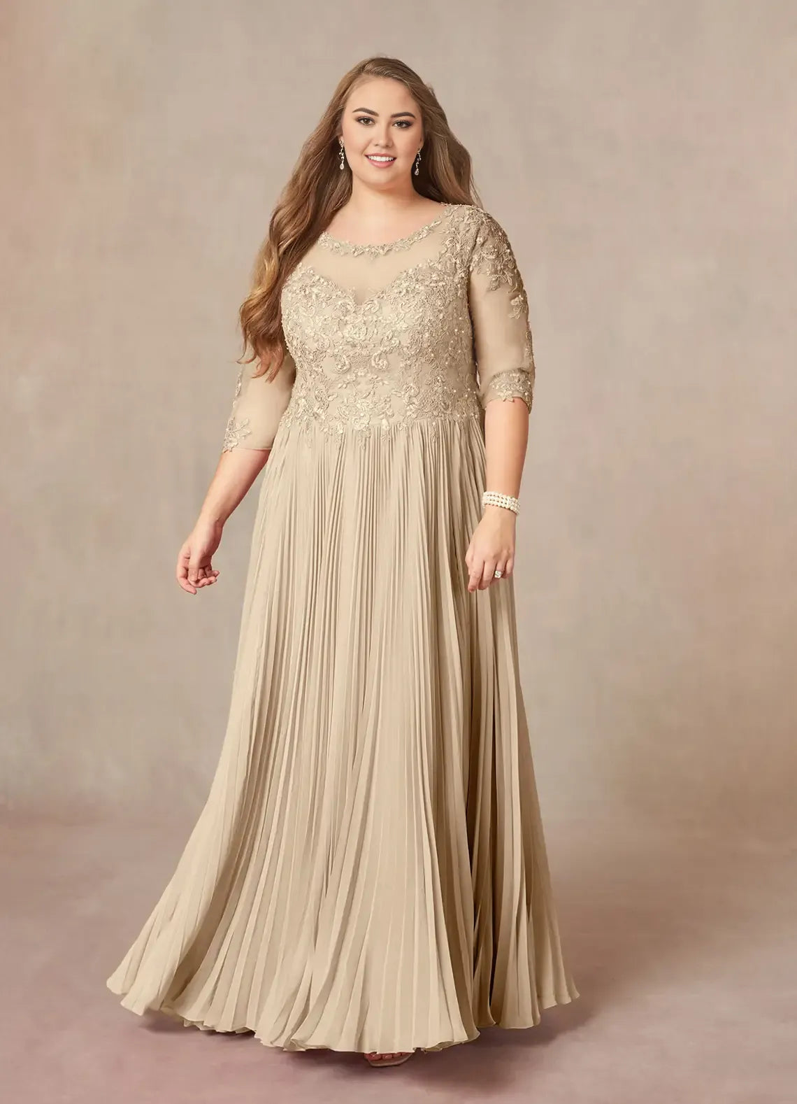 Robe de mère de la mariée grande taille, coupe trapèze, en mousseline de soie, longueur au sol, manches trois-quarts, couleur unie, moderne, dos en V, col rond (copie) 