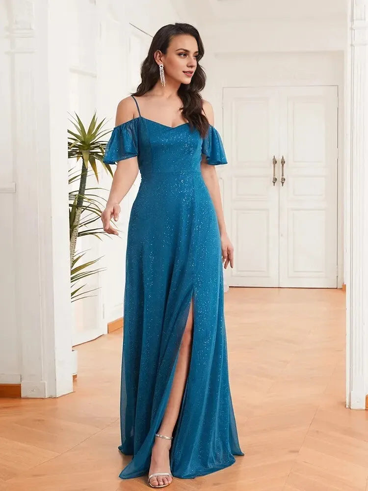 A-Line Side Split Sparkle Bridesmaid Dress Adjustable Strap Evening Dress Trendy Floor Length Ball Gowns