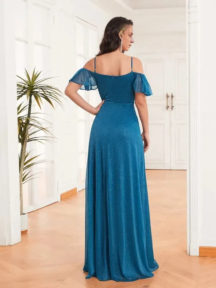 A-Line Side Split Sparkle Bridesmaid Dress Adjustable Strap Evening Dress Trendy Floor Length Ball Gowns