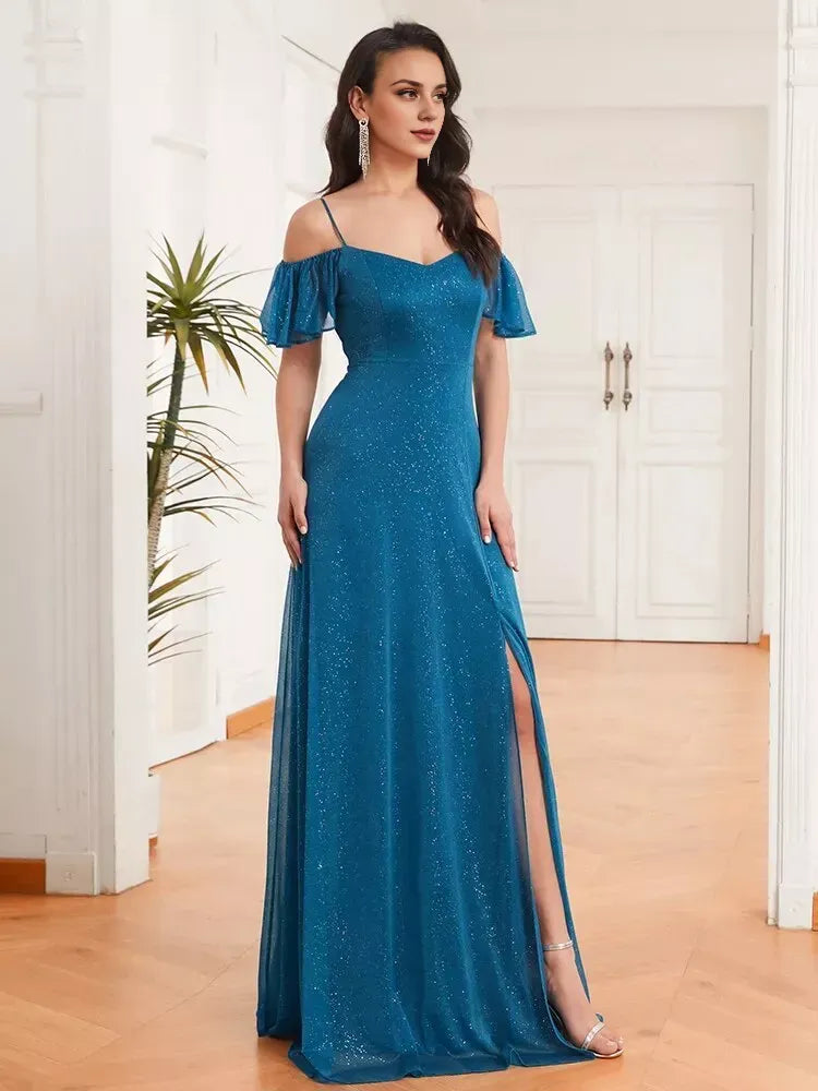 A-Line Side Split Sparkle Bridesmaid Dress Adjustable Strap Evening Dress Trendy Floor Length Ball Gowns