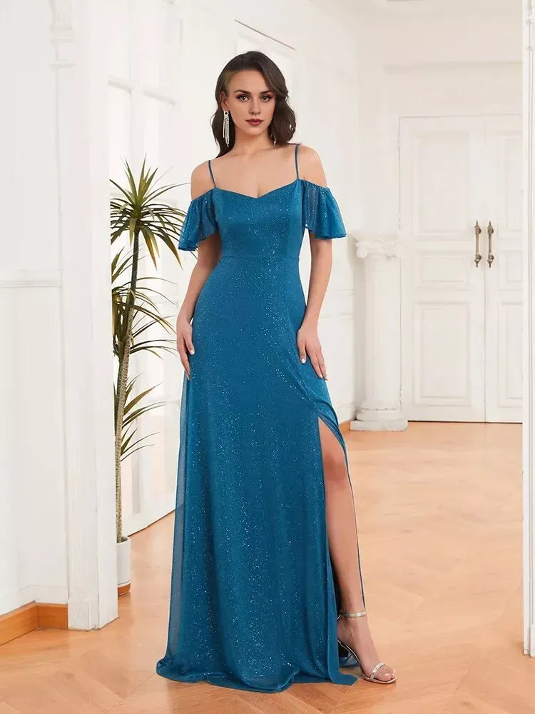 A-Line Side Split Sparkle Bridesmaid Dress Adjustable Strap Evening Dress Trendy Floor Length Ball Gowns