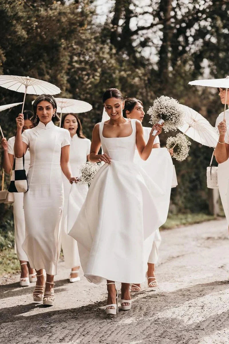 Robe de mariée trapèze en satin blanc, col carré, longueur au sol, simple et longue