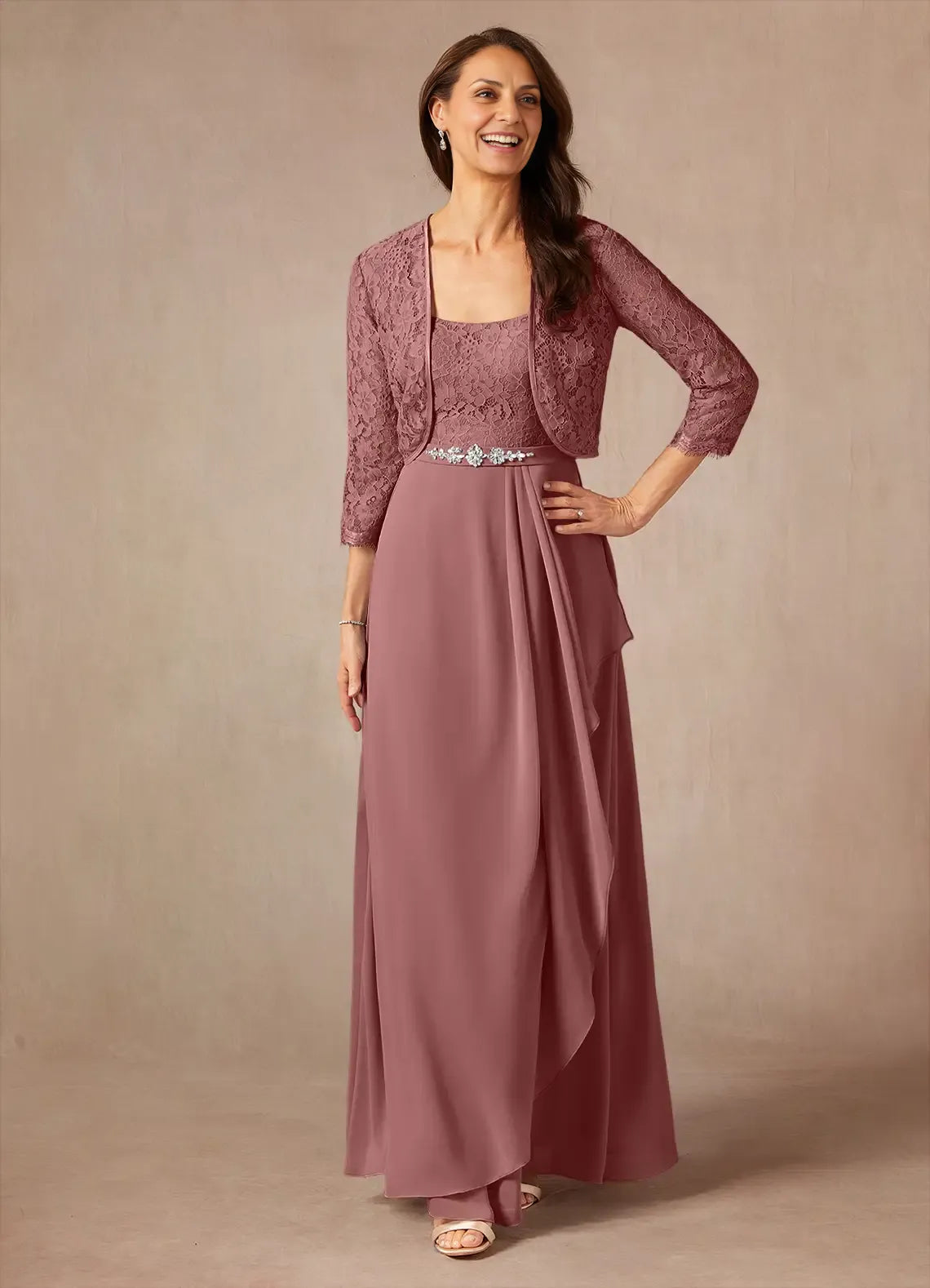 Rose A-Line Square Neckline Lace Chiffon Floor-Length Dress Three-Quarter Sleeve Solid Color Vintage Mother of the Bride Dress