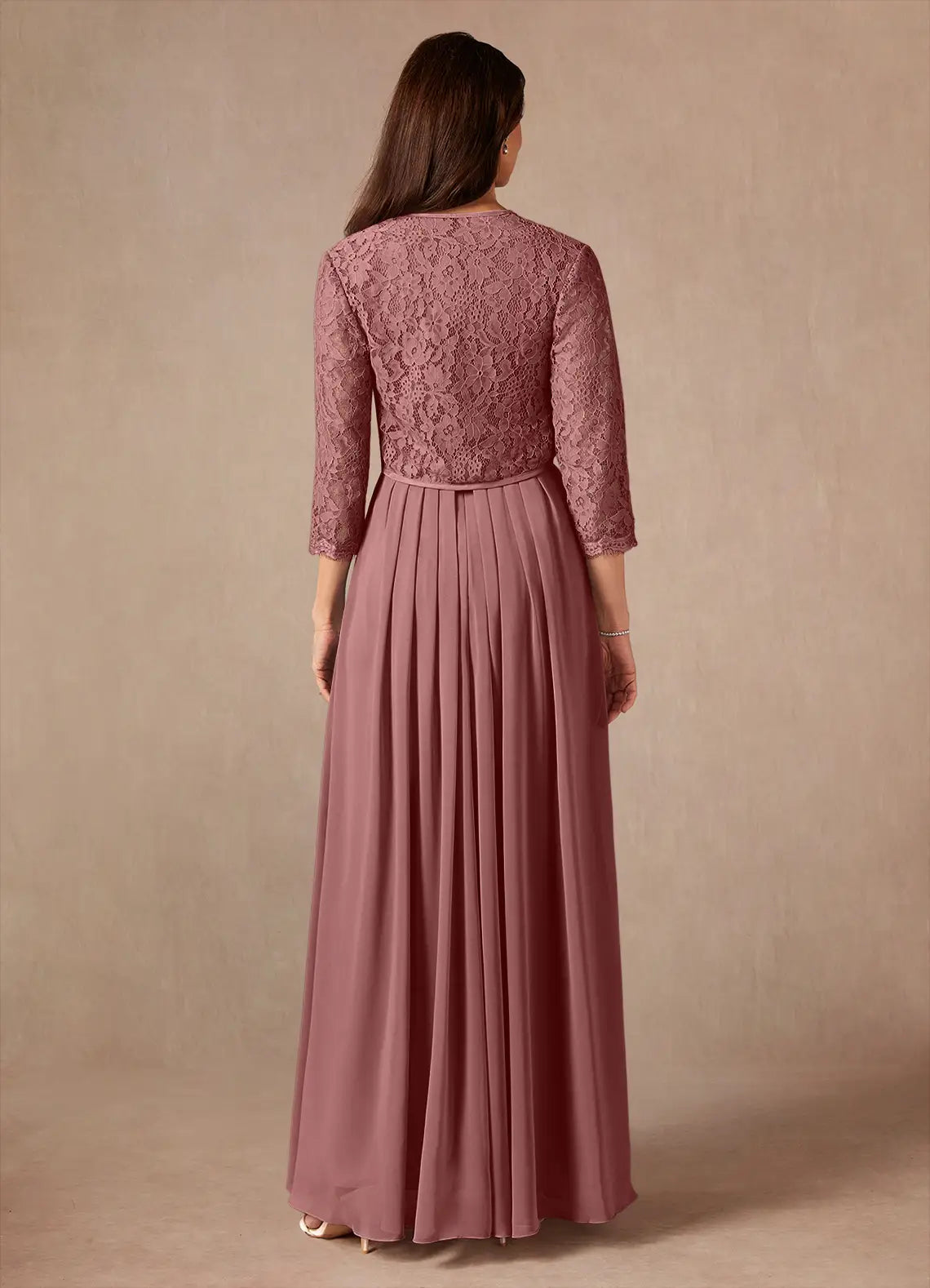 Rose A-Line Square Neckline Lace Chiffon Floor-Length Dress Three-Quarter Sleeve Solid Color Vintage Mother of the Bride Dress