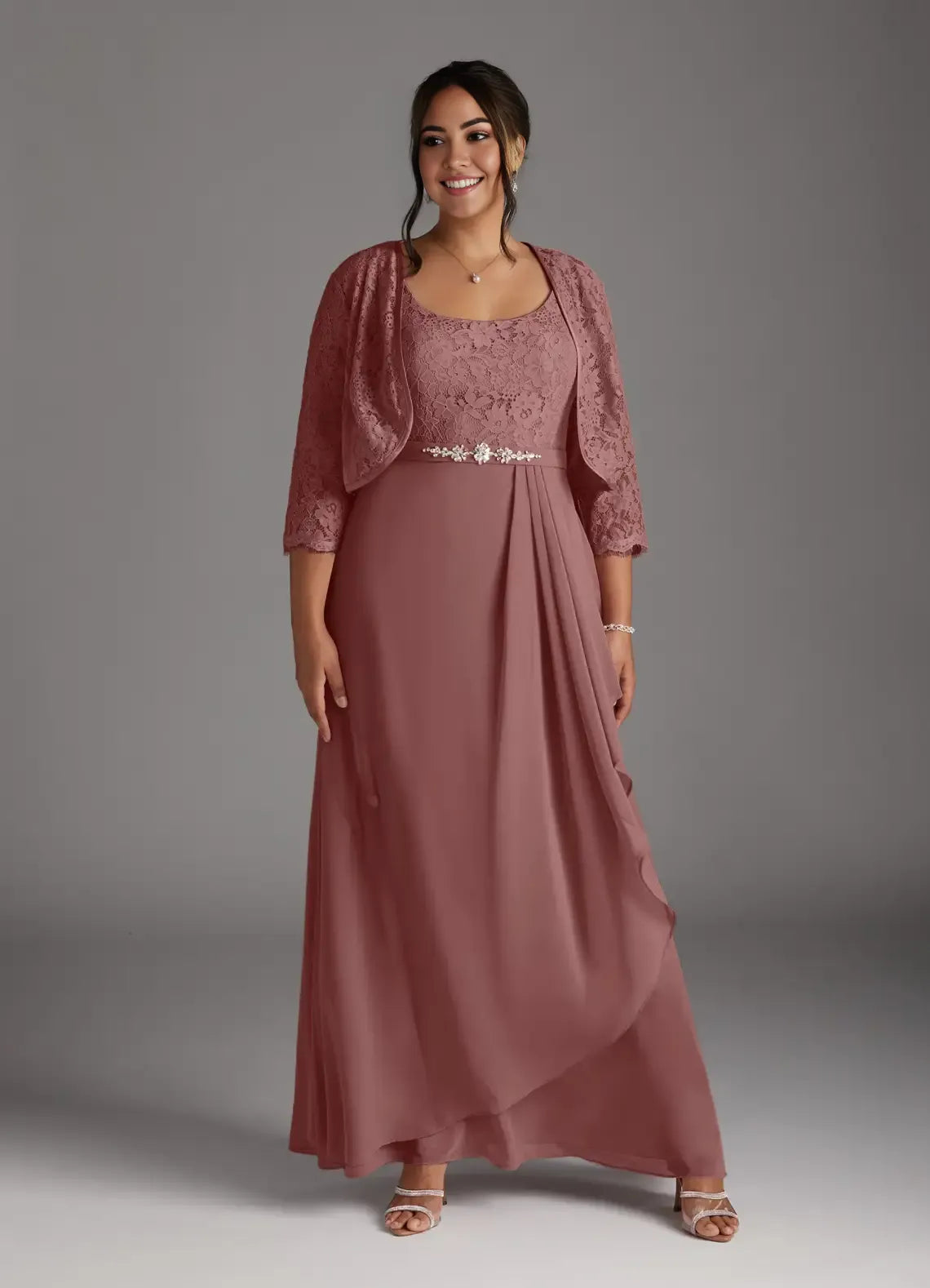 Robe trapèze rose en mousseline de soie et dentelle, décolleté carré, manches trois-quarts, couleur unie, style vintage, grande taille, pour mère de la mariée 