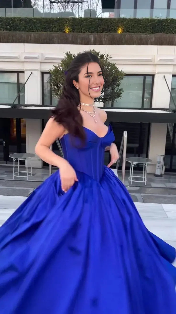 Robe de soirée longue sans bretelles bleu royal pour femme, tenue de bal, coupe trapèze 