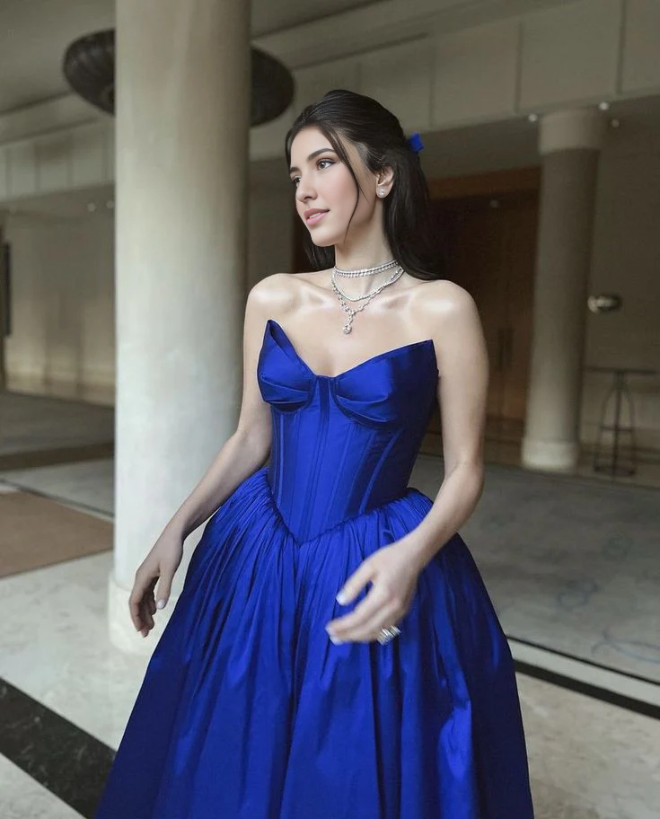 Robe de soirée longue sans bretelles bleu royal pour femme, tenue de bal, coupe trapèze 