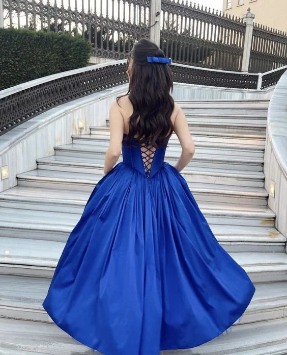 Robe de soirée longue sans bretelles bleu royal pour femme, tenue de bal, coupe trapèze 