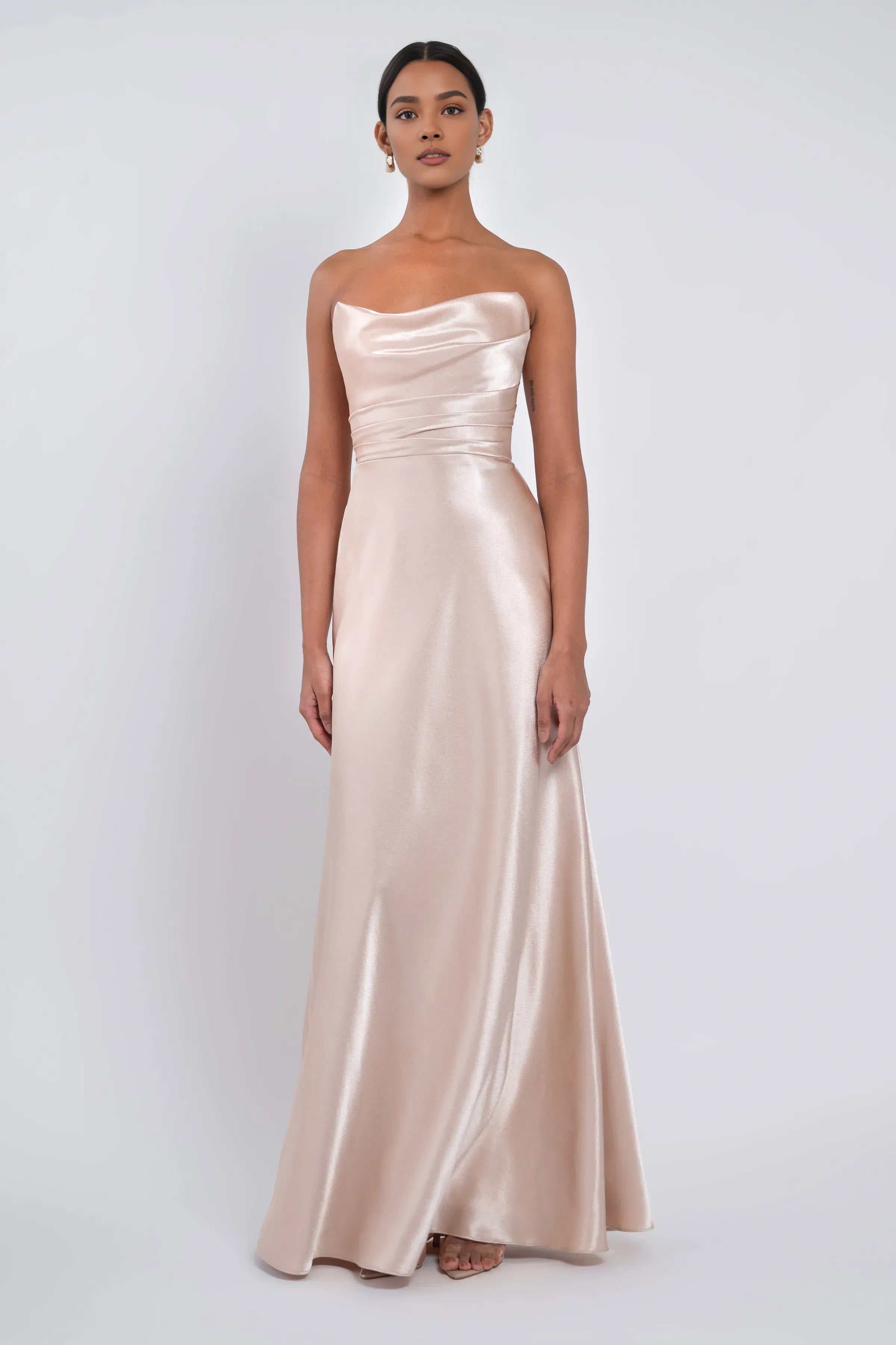 A-Line Strapless Scoop Neck Sleeveless Simple Satin Trendy Floor Length Ball Gowns No Slit Hot Sale Long Evening Dresses
