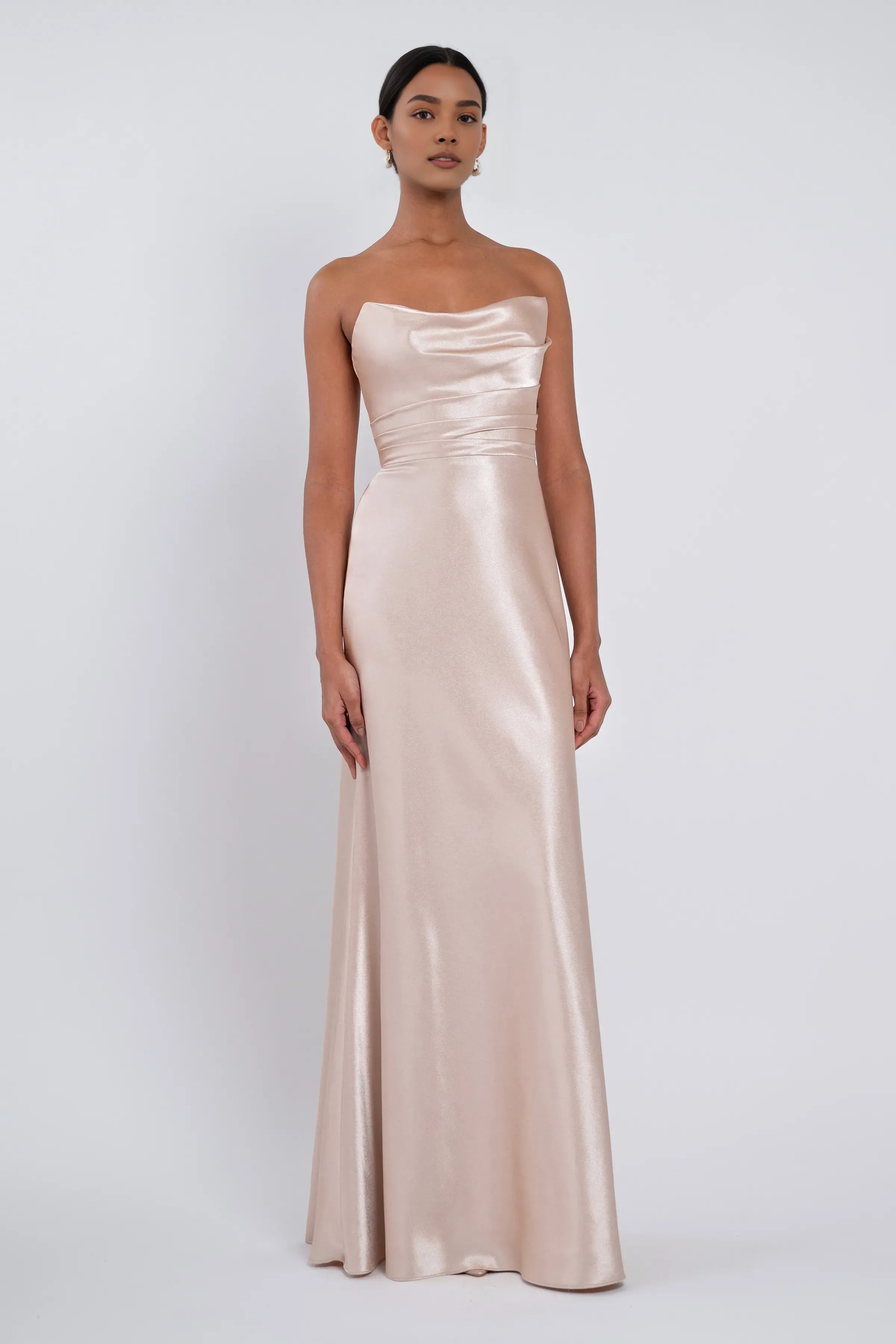A-Line Strapless Scoop Neck Sleeveless Simple Satin Trendy Floor Length Ball Gowns No Slit Hot Sale Long Evening Dresses