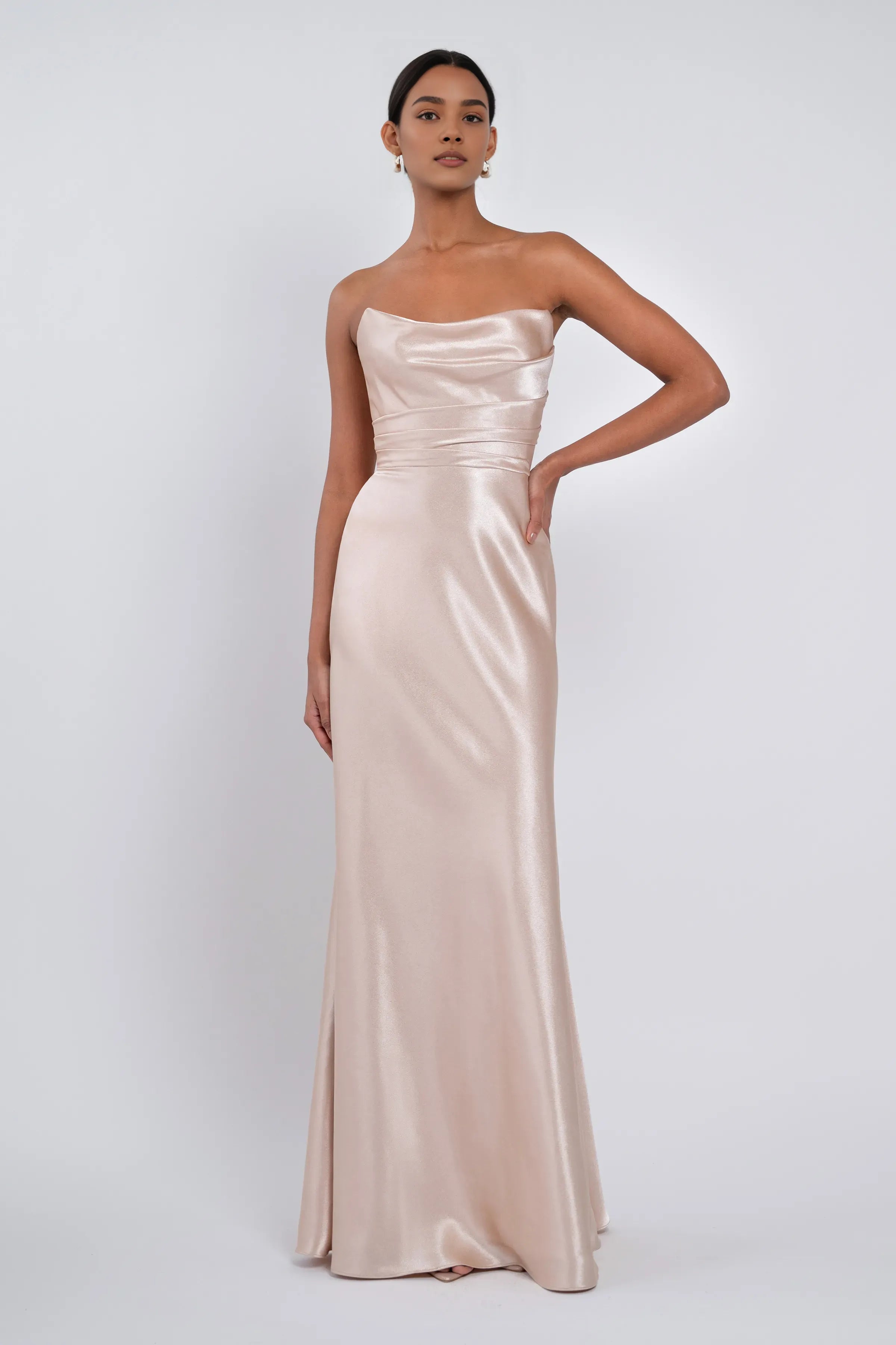 A-Line Strapless Scoop Neck Sleeveless Simple Satin Trendy Floor Length Ball Gowns No Slit Hot Sale Long Evening Dresses