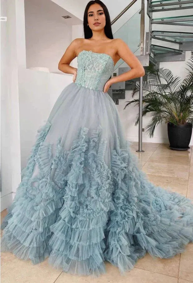 Robe de soirée Weitese pour femme, bleu poussiéreux, coupe trapèze, sans bretelles, en tulle, longue, à volants, tenue de bal 