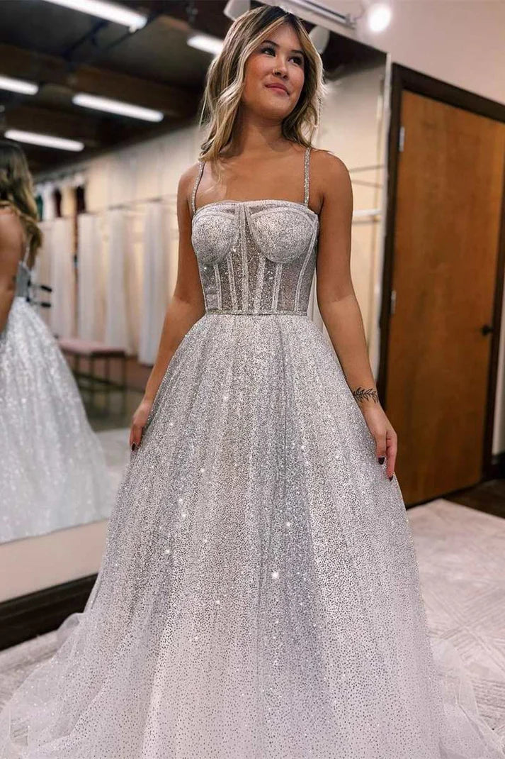 Robe de bal trapèze en tulle, longueur au sol, sans manches, paillettes argentées, bretelles princesse 