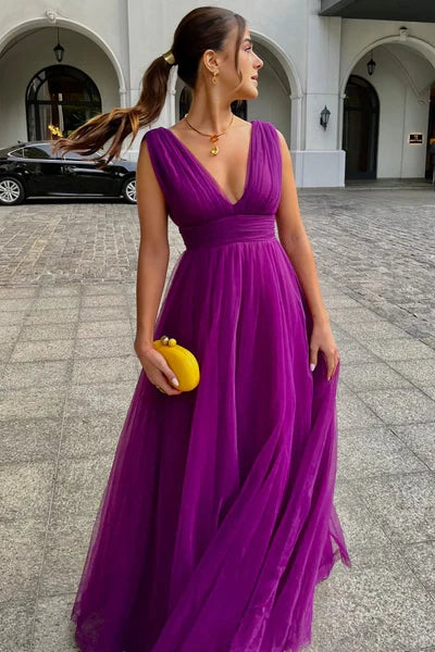 Weitese Dress Prom Dress Stores Dark Purple V Neck A-Line Tulle Long Formal Party Dress Formal Women's Dresses