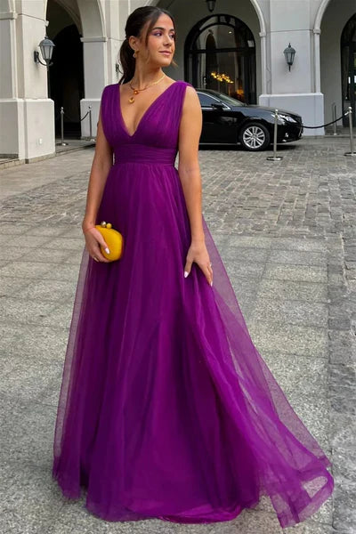 Weitese Dress Prom Dress Stores Dark Purple V Neck A-Line Tulle Long Formal Party Dress Formal Women's Dresses