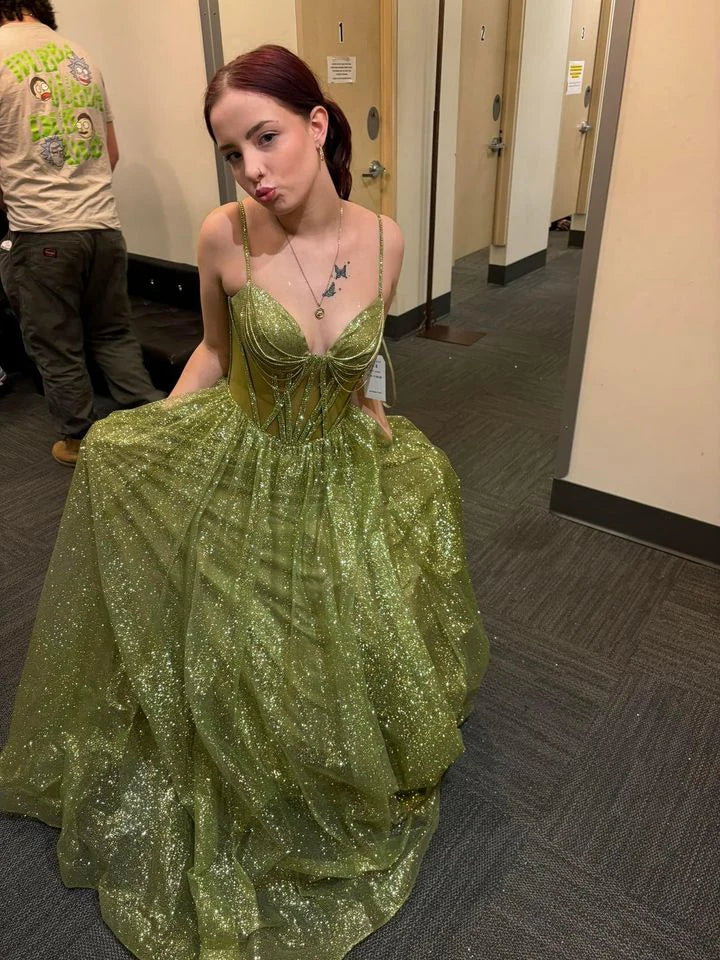 Robe de bal Weitese, robe de soirée longue en tulle vert brillant, bretelles trapèze 