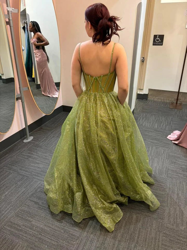 Robe de bal Weitese, robe de soirée longue en tulle vert brillant, bretelles trapèze 