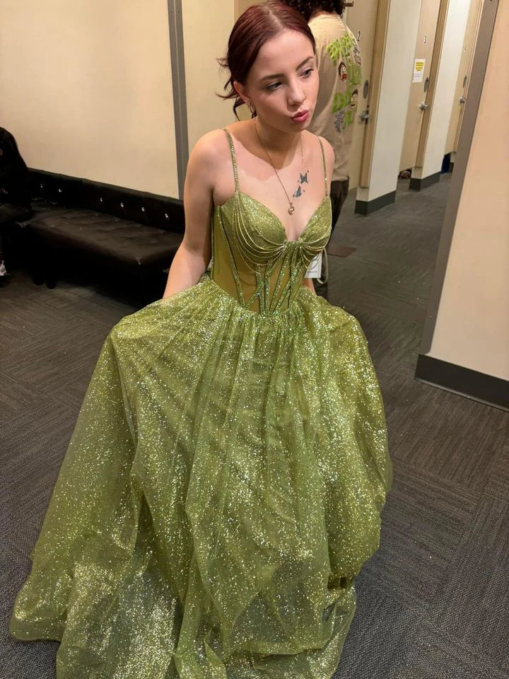 Robe de bal Weitese, robe de soirée longue en tulle vert brillant, bretelles trapèze 