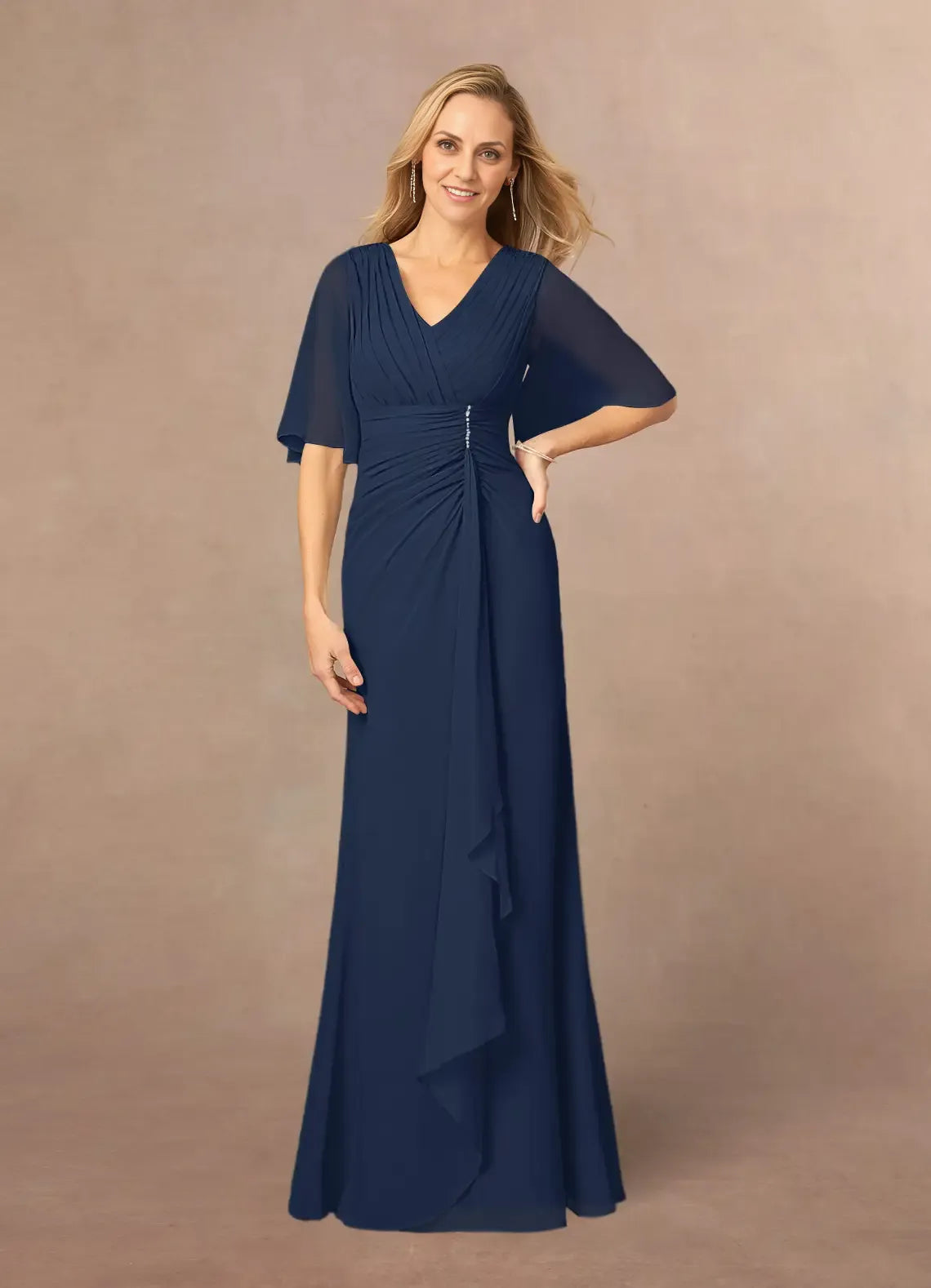 Weitese Dress Dark Navy A-Line V-Neck Lace Chiffon Dress Floor-Length Flutter Sleeve Back Zip Pleated Mother of the Bride Dress