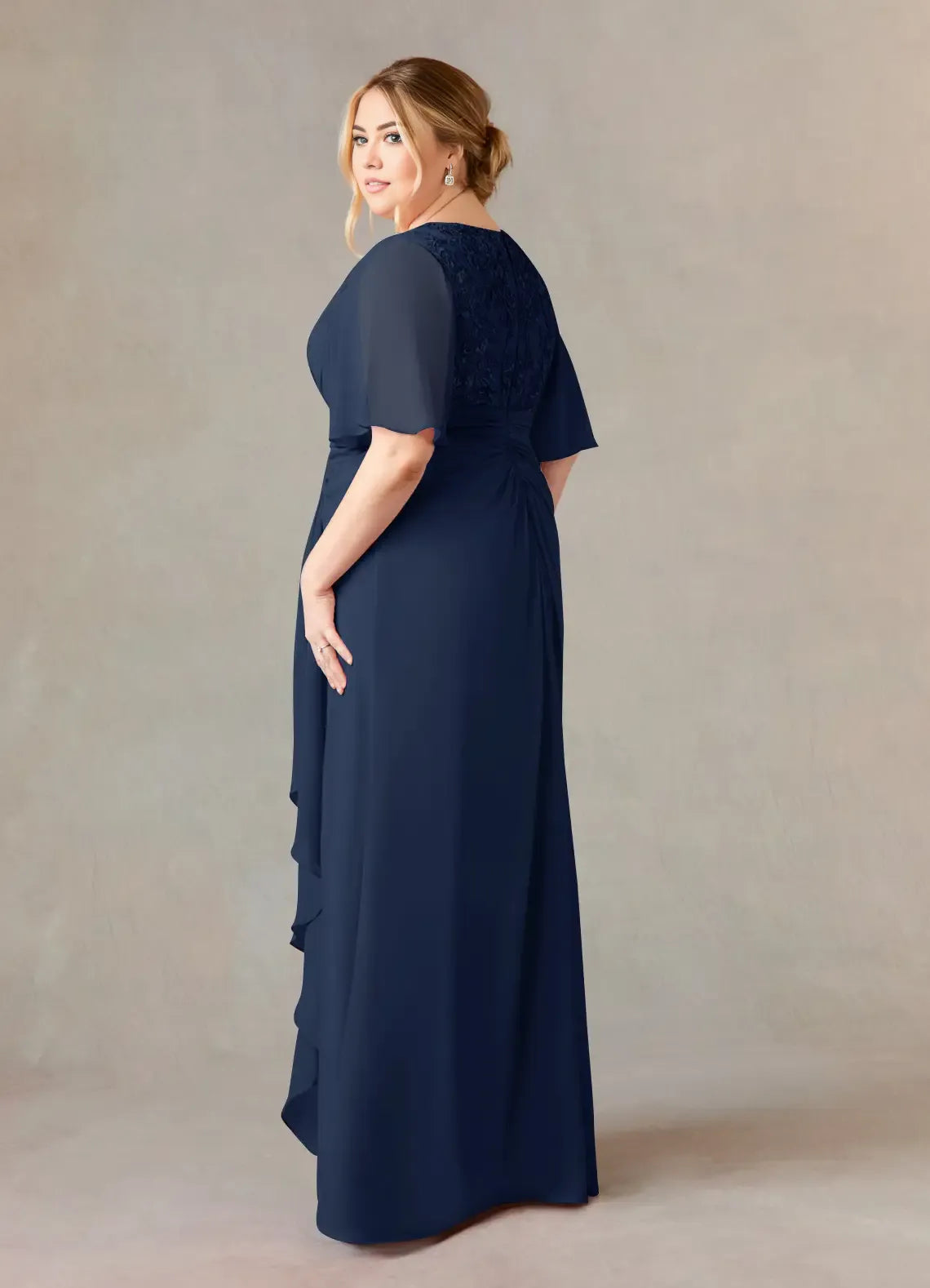 Robe Weitese bleu marine foncé, coupe trapèze, col en V, en mousseline de soie, longueur au sol, manches flottantes, fermeture éclair au dos, plissée, grande taille, pour mère de la mariée 