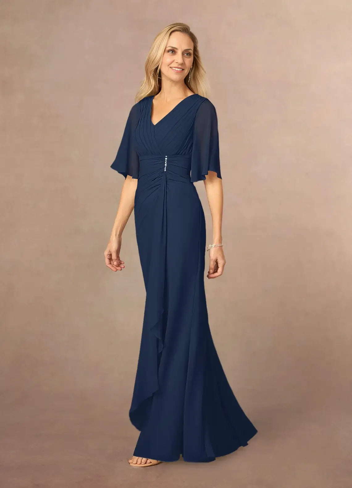 Weitese Dress Dark Navy A-Line V-Neck Lace Chiffon Dress Floor-Length Flutter Sleeve Back Zip Pleated Mother of the Bride Dress