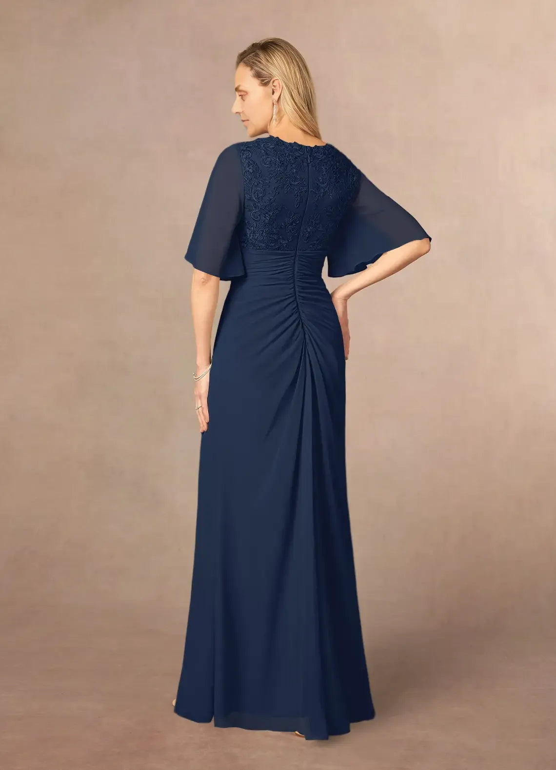Weitese Dress Dark Navy A-Line V-Neck Lace Chiffon Dress Floor-Length Flutter Sleeve Back Zip Pleated Mother of the Bride Dress