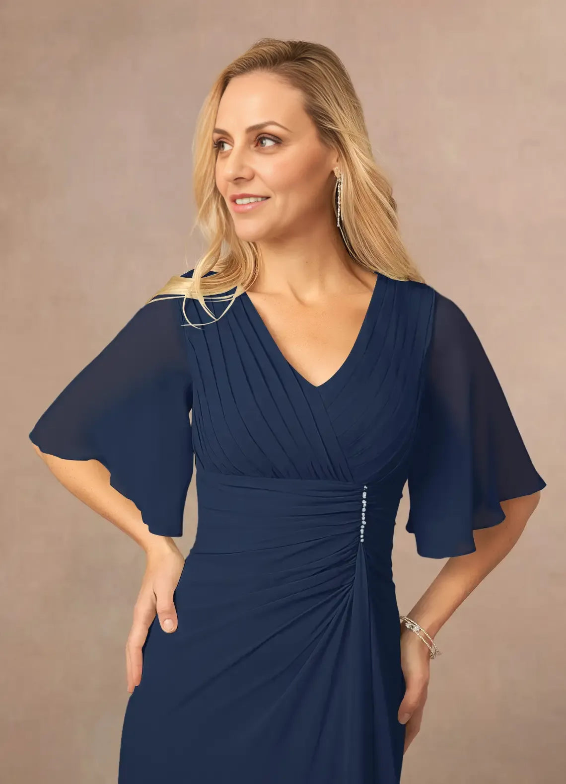 Weitese Dress Dark Navy A-Line V-Neck Lace Chiffon Dress Floor-Length Flutter Sleeve Back Zip Pleated Mother of the Bride Dress