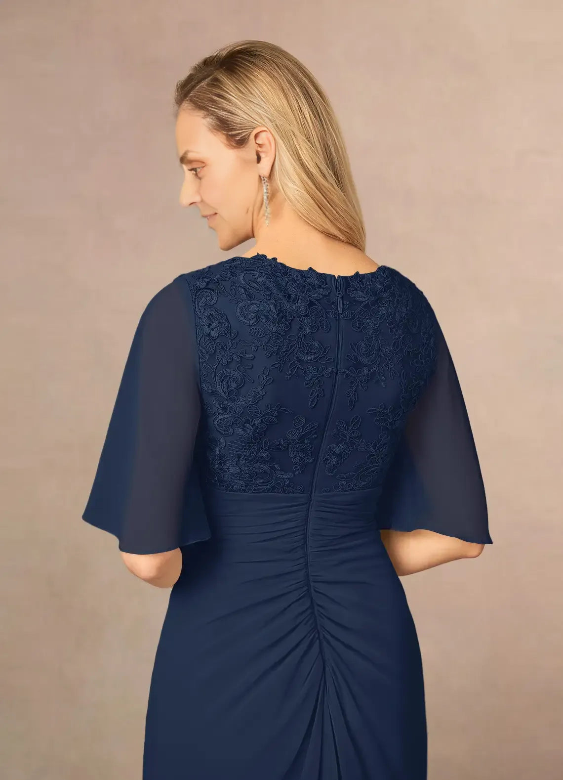 Weitese Dress Dark Navy A-Line V-Neck Lace Chiffon Dress Floor-Length Flutter Sleeve Back Zip Pleated Mother of the Bride Dress
