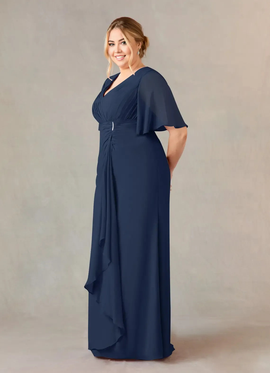 Robe Weitese bleu marine foncé, coupe trapèze, col en V, en mousseline de soie, longueur au sol, manches flottantes, fermeture éclair au dos, plissée, grande taille, pour mère de la mariée 